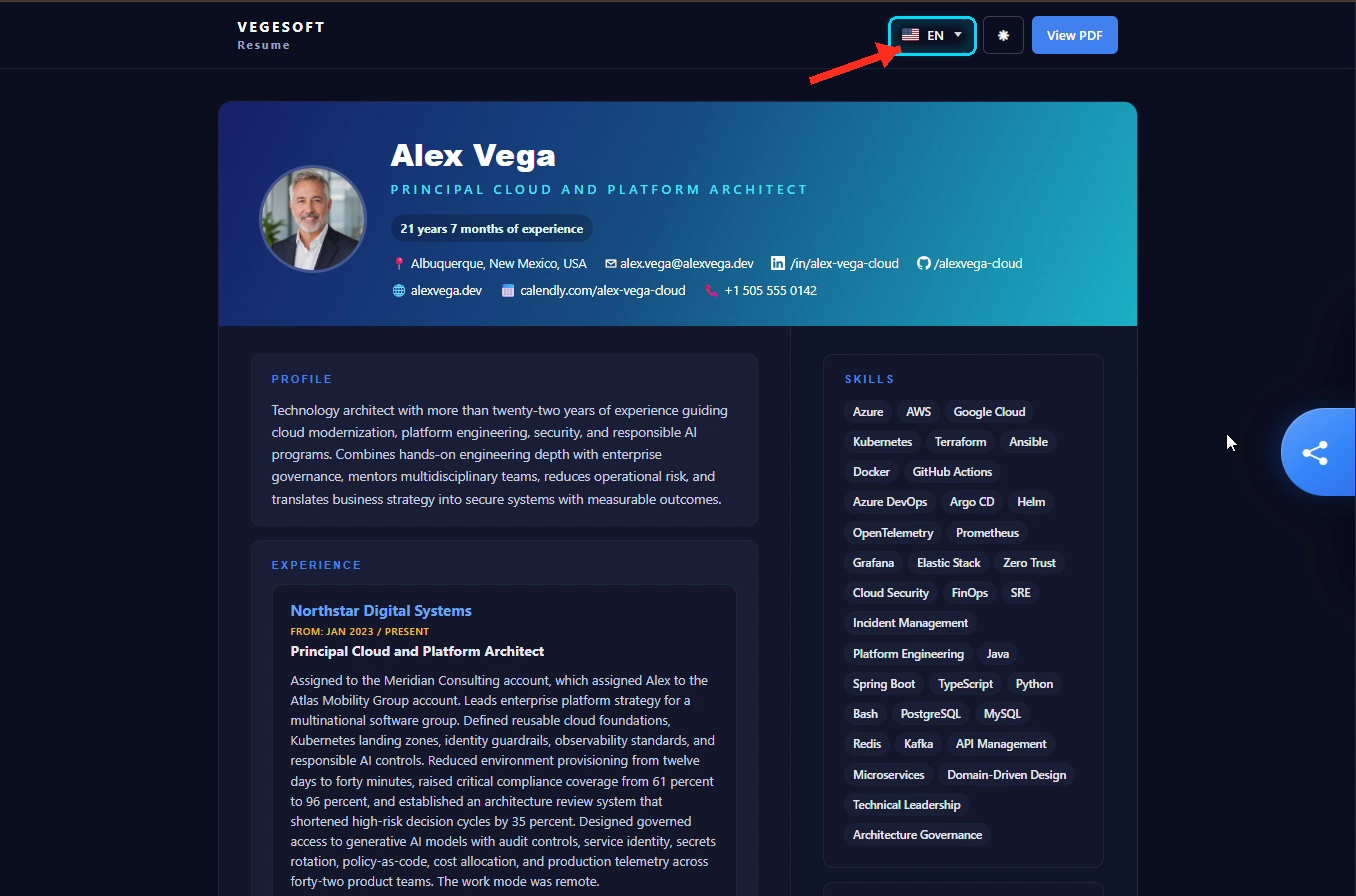 Public CV language selector changing from English to Spanish