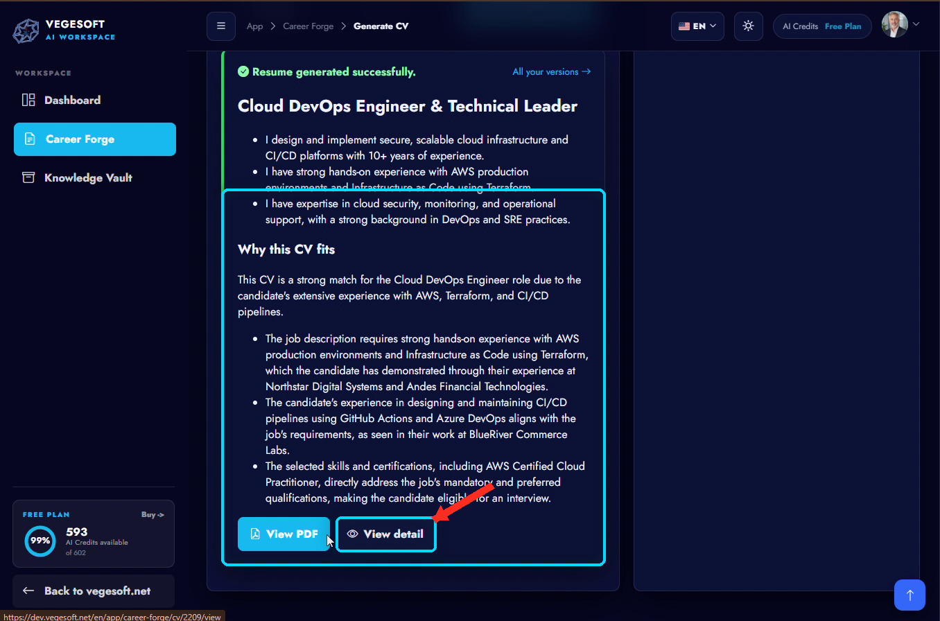 Tailored resume success state with View detail highlighted