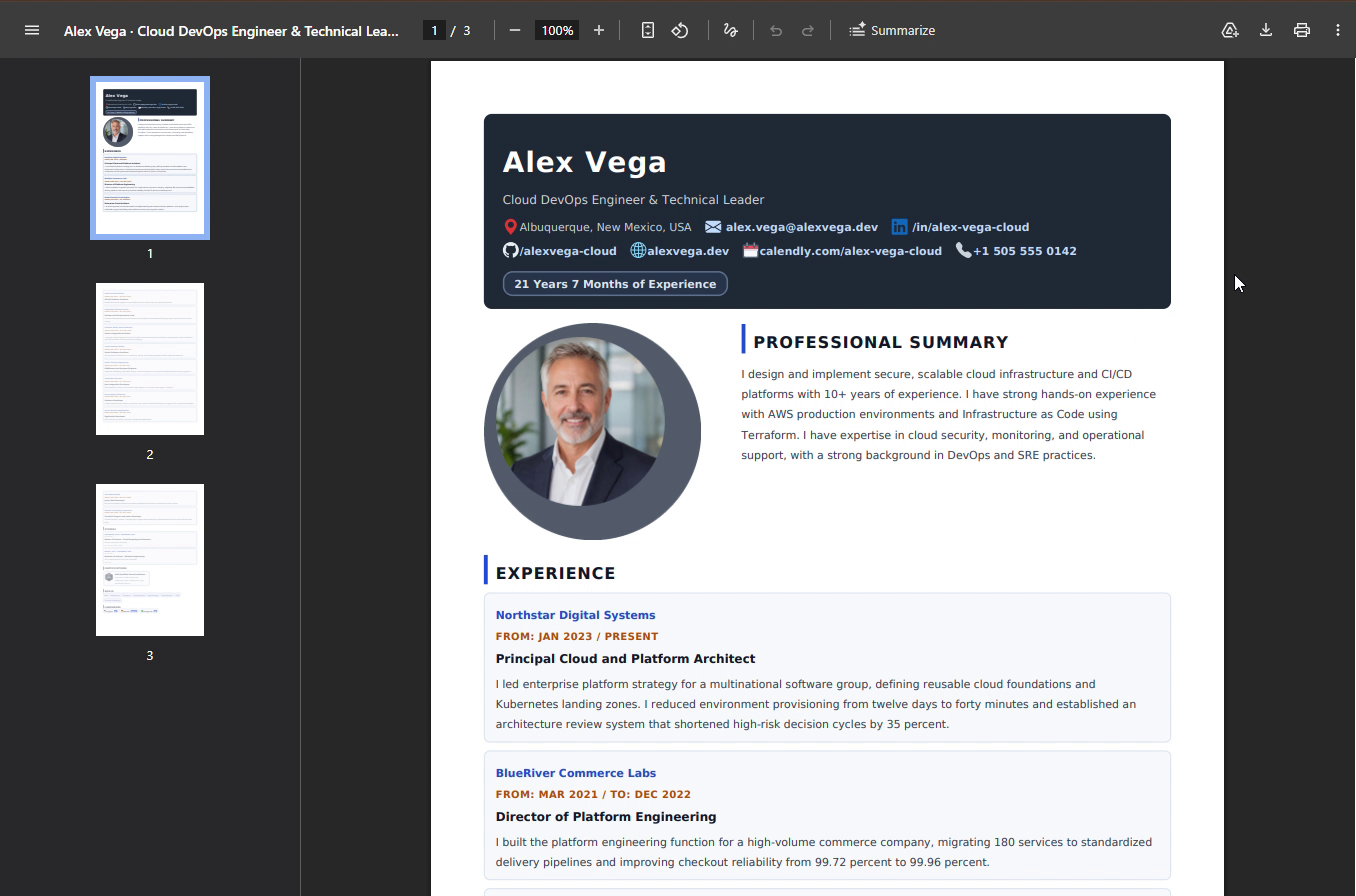 Three-page tailored resume PDF in English