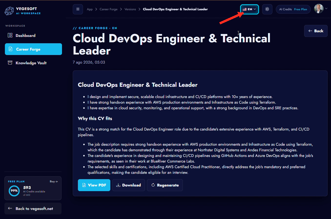 Tailored resume language selector changing from English to Spanish
