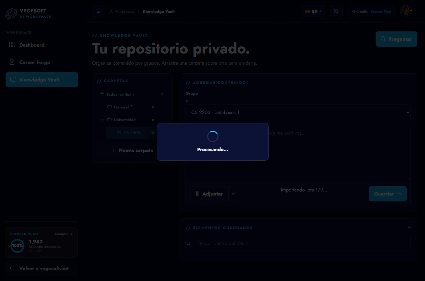 The real Knowledge Vault import progress while the selected material is processed.